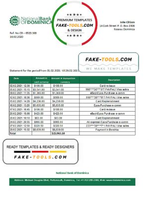 Dominica National Bank of Dominica bank statement easy to fill template in Excel and PDF format
