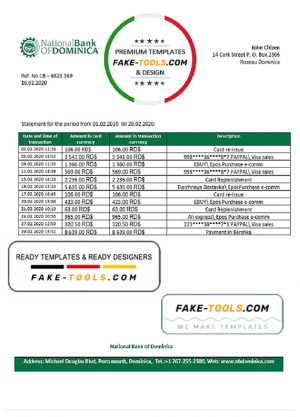 Dominica National Bank of Dominica bank statement template in Word and PDF format