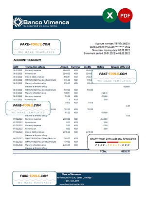 Dominican Republic Banco Vimenca bank statement Excel and PDF template
