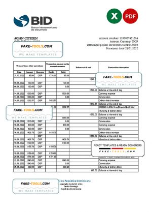Dominican Republic Bid bank statement Excel and PDF template