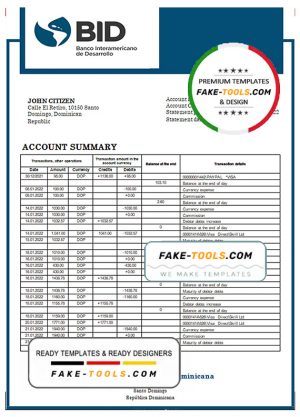 Dominican Republic Bid proof of address bank statement template in Word and PDF format