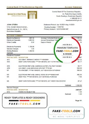 Dominican Republic Central Bank Of The Dominican Republic bank statement easy to fill template in Excel and PDF format