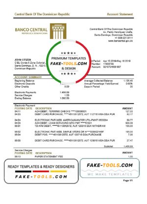 Dominican Republic Central Bank of The Dominican Republic proof of address bank statement template in Word and PDF format