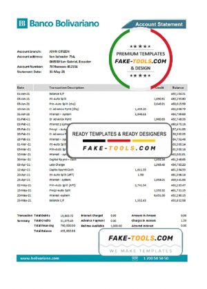 Ecuador Banco Bolivariano bank statement easy to fill template in .xls and .pdf file format