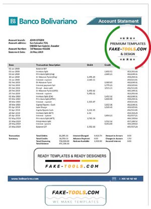 Ecuador Banco Bolivariano proof of address bank statement template in Word and PDF format
