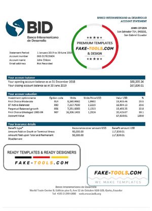 Ecuador Banco Interamericano de Desarrollo (BID) bank statement template in Word and PDF format, good for address prove