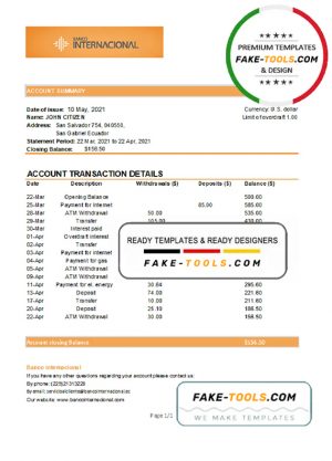 Ecuador Banco Internacional bank statement easy to fill template in Excel and PDF format