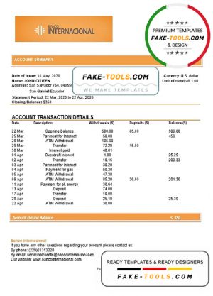Ecuador Banco Internacional bank statement template in Word and PDF format