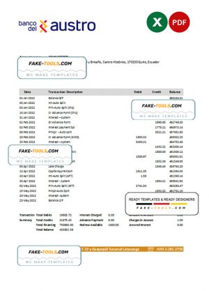 Ecuador Banco del Austro bank statement Excel and PDF template