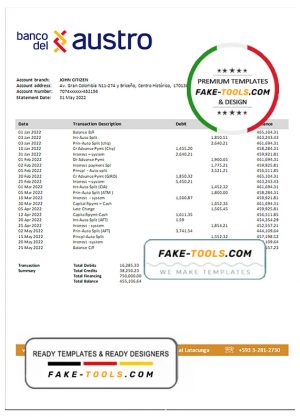 Ecuador Banco del Austro proof of address bank statement template in Word and PDF format