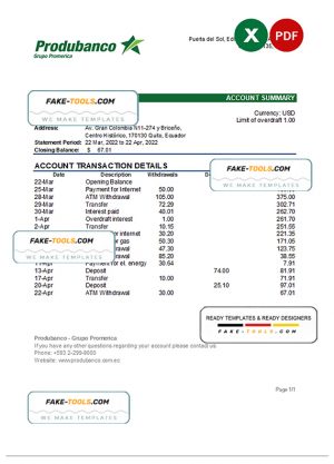 Ecuador Produbanco bank statement Excel and PDF template