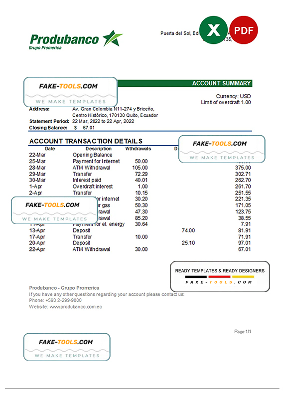 Ecuador Produbanco bank statement Excel and PDF template