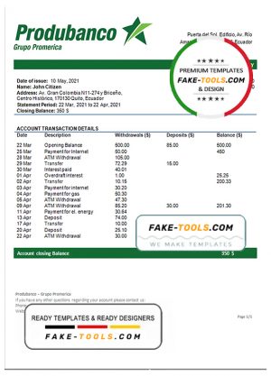 Ecuador Produbanco proof of address bank statement template in Word and PDF format