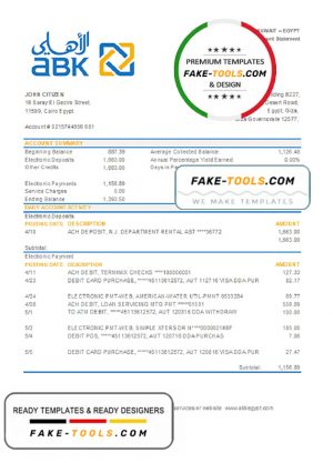 Egypt Al Ahli Bank of Kuwait bank statement easy to fill template in Excel and PDF format