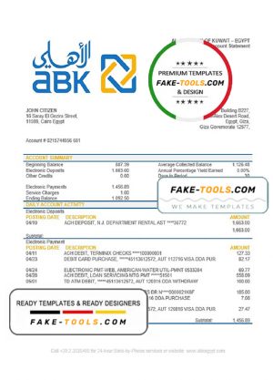 Egypt Al Ahli Bank of Kuwait bank statement easy to fill template in Word and PDF format