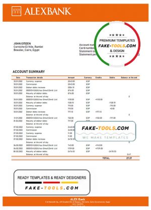 Egypt Alex Bank of Egypt proof of address statement template in Word and PDF format (.doc and .pdf)