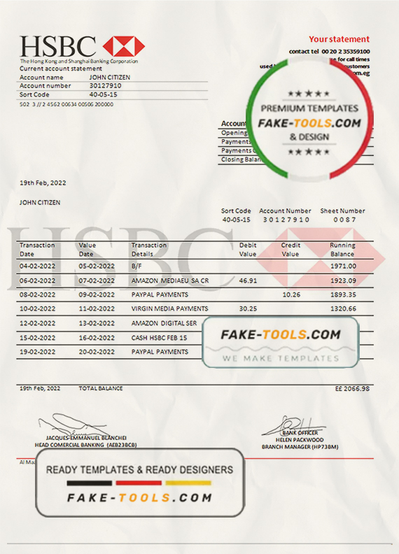 Egypt HSBC bank statement template in Word and PDF format scan effect