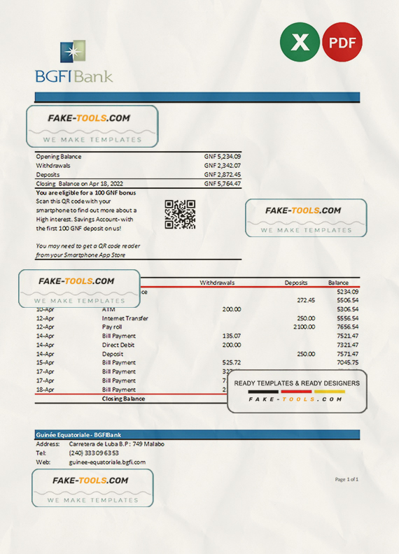 Equatorial Guinea BGFI Bank Statement Excel and PDF template scan effect