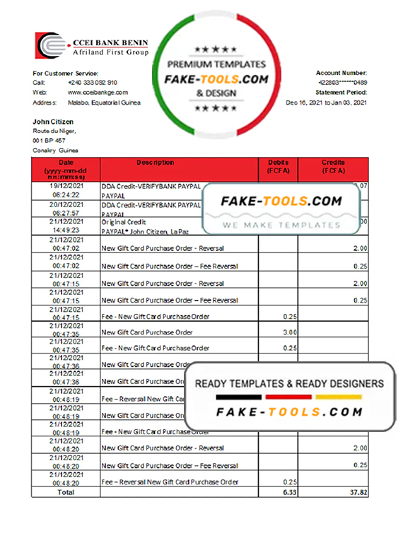 Equatorial Guinea CCEI Bank Benin bank statement easy to fill template in .xls and .pdf file format