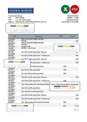 Eritrea Central bank statement Excel and PDF template