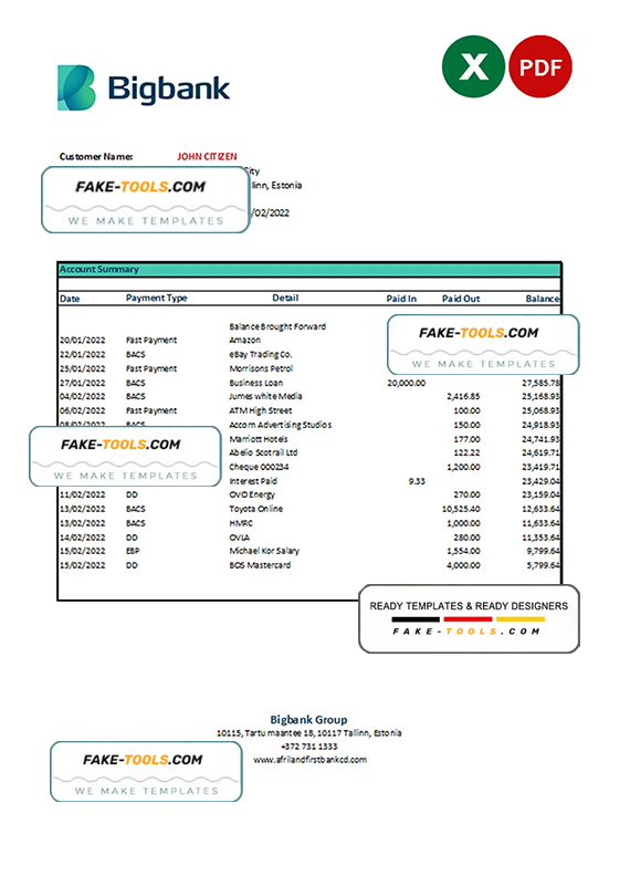 Estonia Bigbank bank statement Excel and PDF template