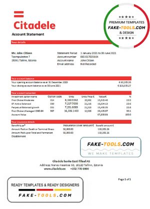 Estonia Citadele banka Eesti filiaal AS bank statement template in Excel and PDF format
