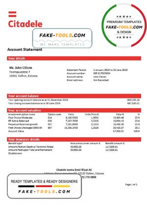 Estonia Citadele banka Eesti filiaal AS proof of address statement template in Word and PDF format, .doc and .pdf format