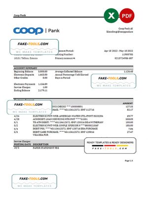 Estonia Coop Pank bank statement Excel and PDF template