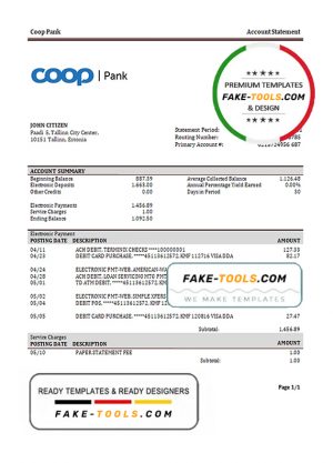 Estonia Coop Pank proof of address bank statement template in Word and PDF format,(.doc and .pdf)