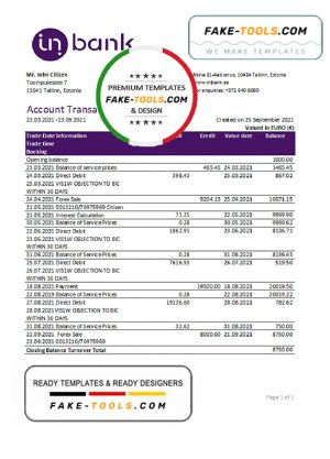 Estonia Inbank bank statement easy to fill template in Excel and PDF format