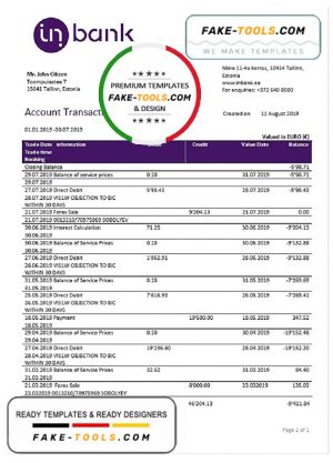Estonia Inbank bank statement template, Word and PDF format (.doc and .pdf)