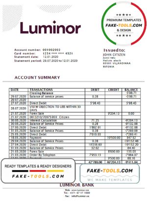 Estonia Luminor Bank proof of address bank statement template in Word and PDF format, .doc and .pdf format