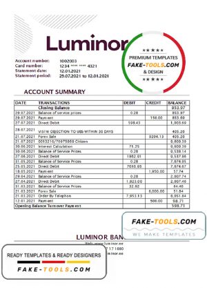 Estonia Luminor bank statement easy to fill template in .xls and .pdf file format