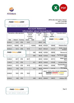 Ethiopia Awash Bank statement Excel and PDF template