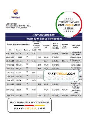 Ethiopia Awash proof of address bank statement template in Word and PDF format
