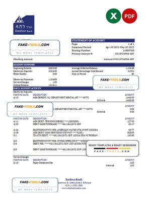 Ethiopia Dashen Bank statement Excel and PDF template