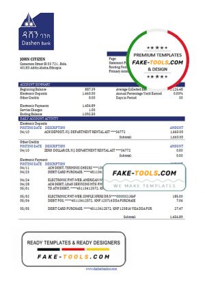 Ethiopia Dashen proof of address bank statement template in Word and PDF format