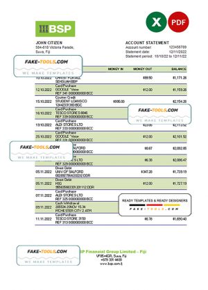 Fiji Bank of South Pacific bank statement Excel and PDF template