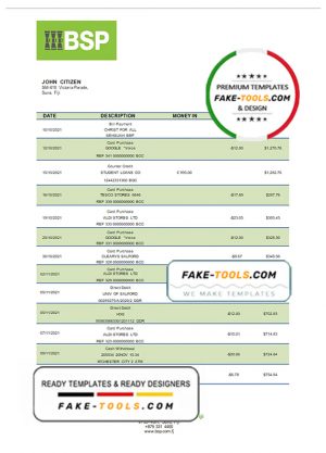 Fiji Bank of South Pacific bank statement template in Word and PDF format