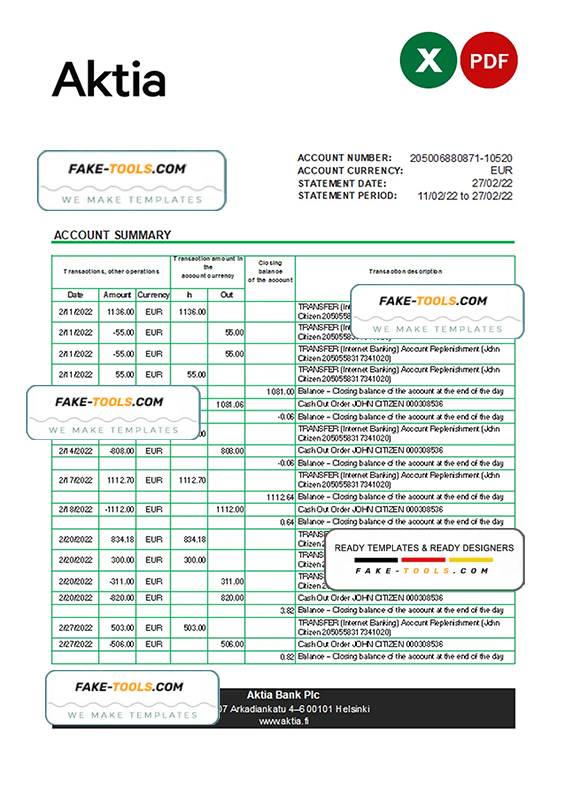Finland Aktia bank statement Excel and PDF template