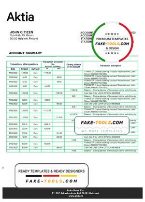 Finland Aktia Bank statement template in Word and PDF format