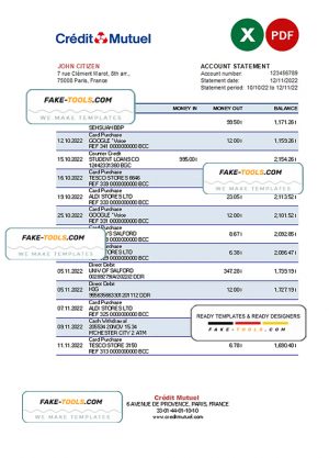 France Credit Mutuel bank statement Excel and PDF template France Credit Mutuel bank statement Excel and PDF template