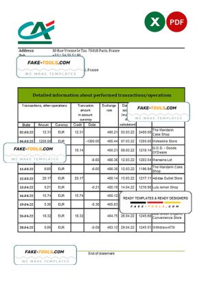 France Credite Agricole Bank statement Excel and PDF template France Credite Agricole Bank statement Excel and PDF template