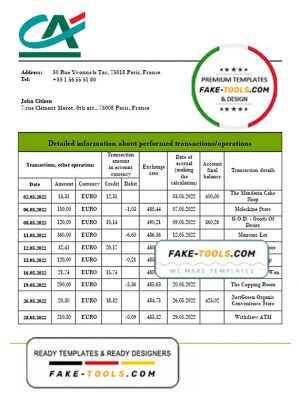 France Credite Agricole bank statement template in Word and PDF (.doc and .pdf) format France Credite Agricole bank statement template in Word and PDF (.doc and .pdf) format