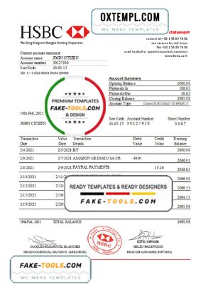 France HSBC bank statement template in .xls and .pdf file format