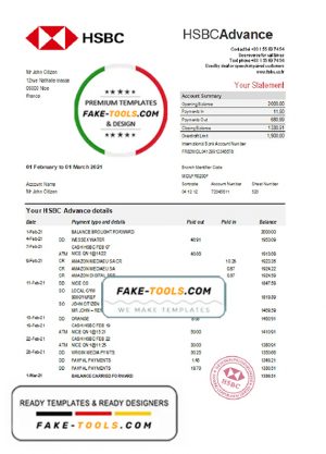 France HSBC bank statement template in Excel and PDF format