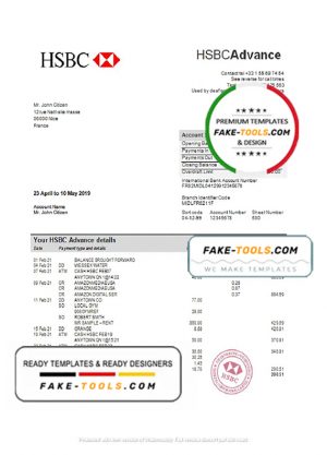 France HSBC bank statement template in Word and PDF format