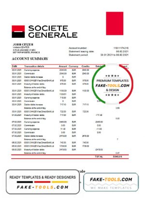 France Société Générale bank statement template in Excel and PDF format