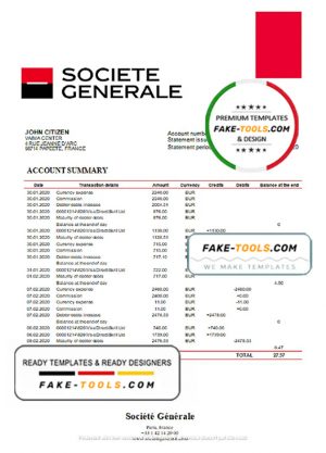 France Société Générale bank statement template in Word and PDF format