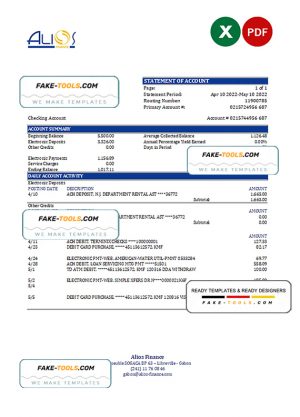 Gabon Alios Finance bank statement Excel and PDF template